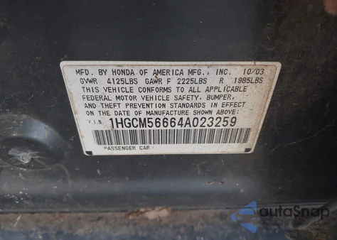 2004 Honda Accord 2.4 Ex из США, поврежденный, VIN 1HGCM56664A023259